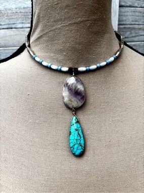 Man made Turquoise & Amethyst Beaded Choker Necklace
